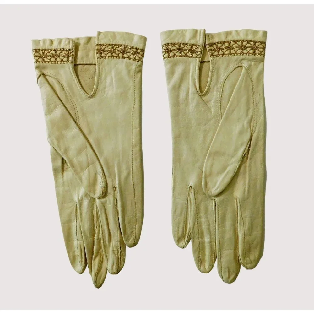 Vintage Leather Gloves Small Cream Gold Stitching Trim Theatre Wedding Parties